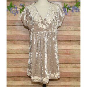 Savanna Jane Champagne Embroidered Floral Crushed Velvet Babydoll Tunic Top 1X